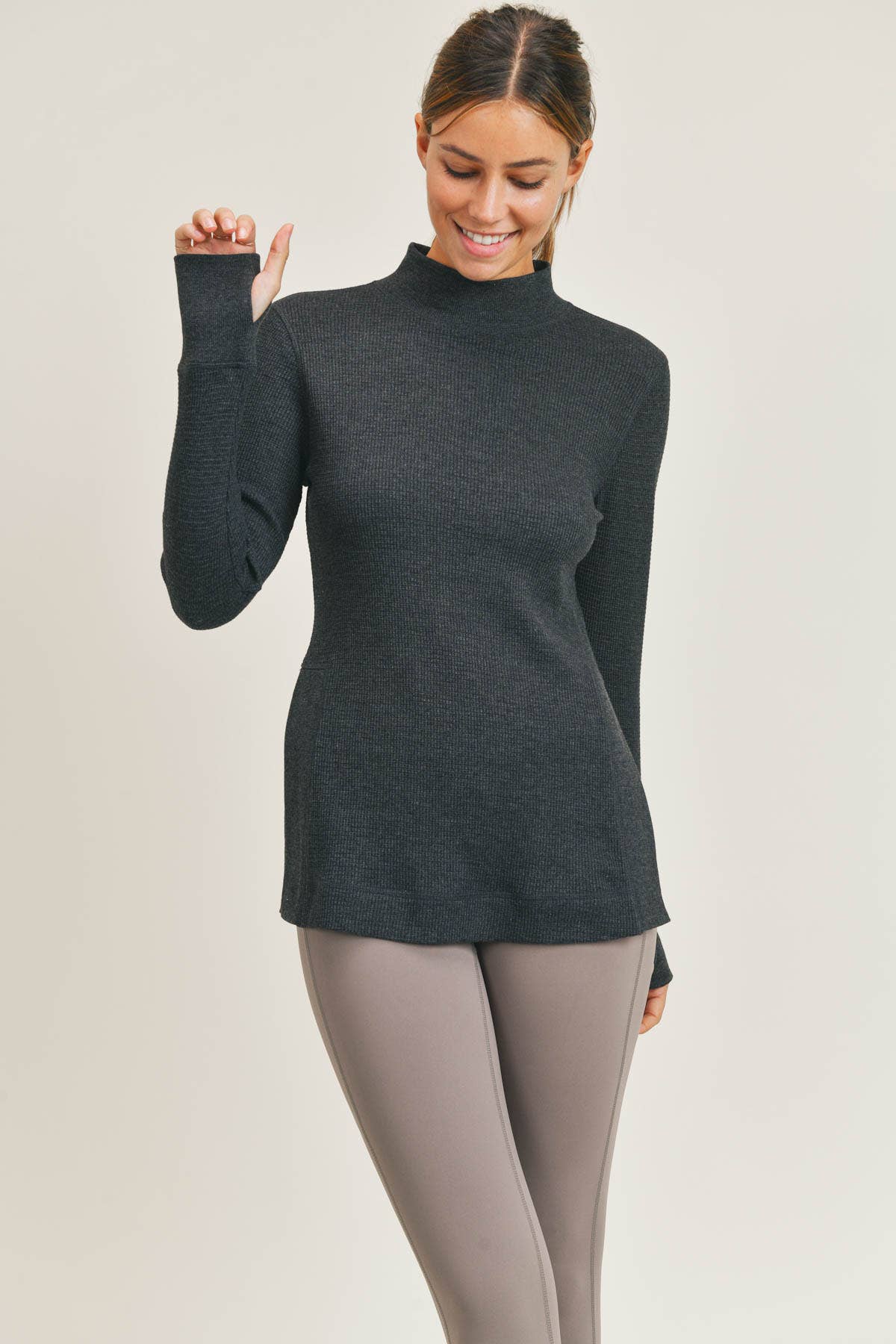 Waffled Long - Sleeve Top with Mock Neck - Addie Rose Boutique - Austin