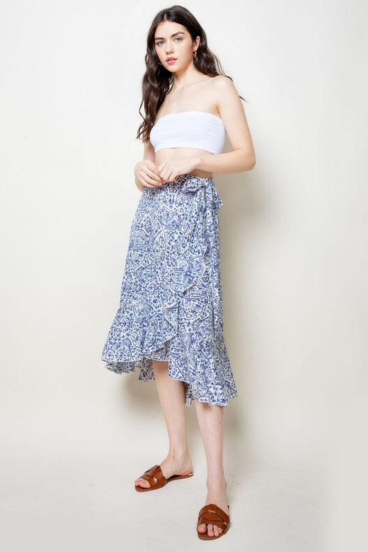 Blue+White Printed Wrap Skirt