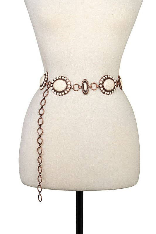 Oval Gemstone Chain Belt: Copper/ White One Size