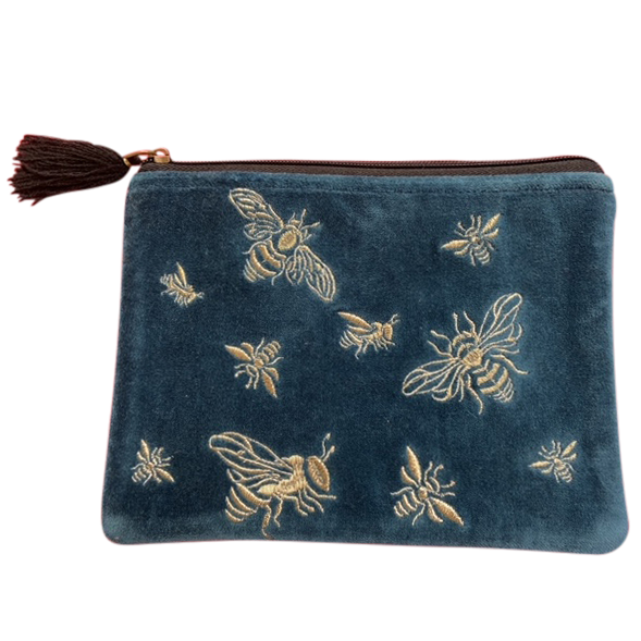 Rich Blue with Bees Velvet Large Pouch