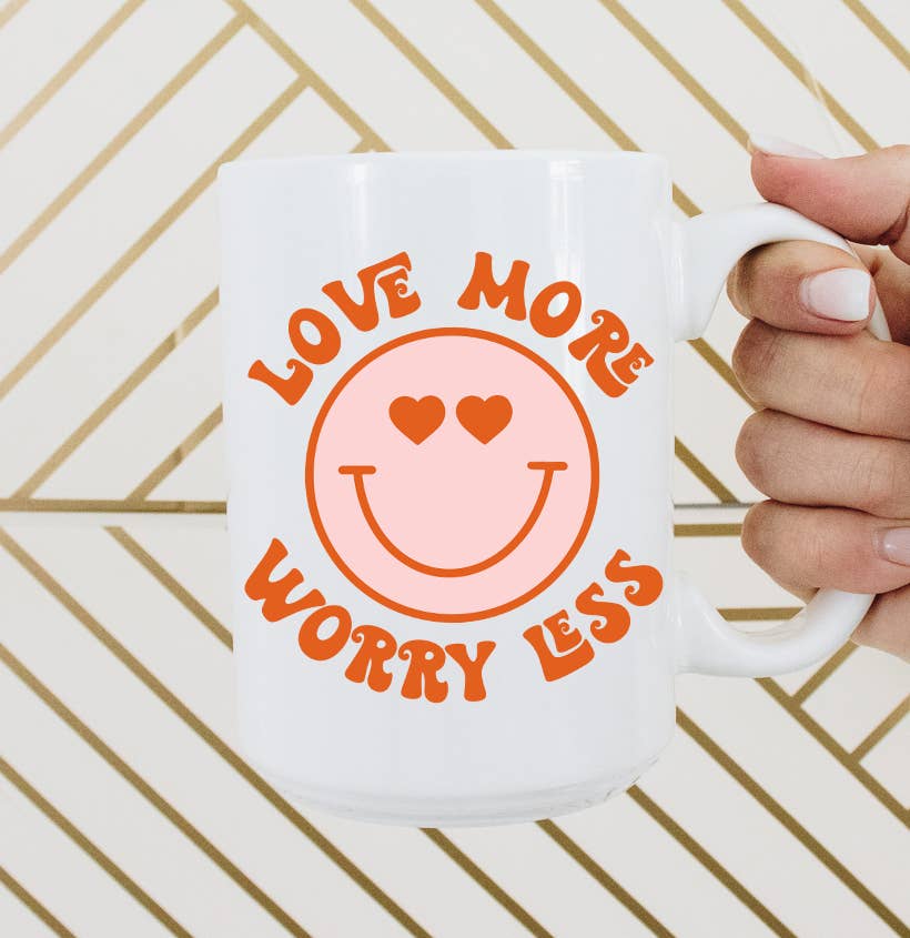 Sweet Mint Handmade Goods - 15oz mug, Love more worry less smiley face, Valentine's Day