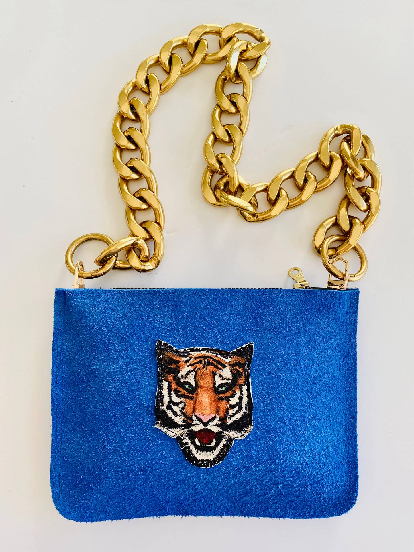 Blue Suede Tiger Purse with Chain - Small Leather Bag